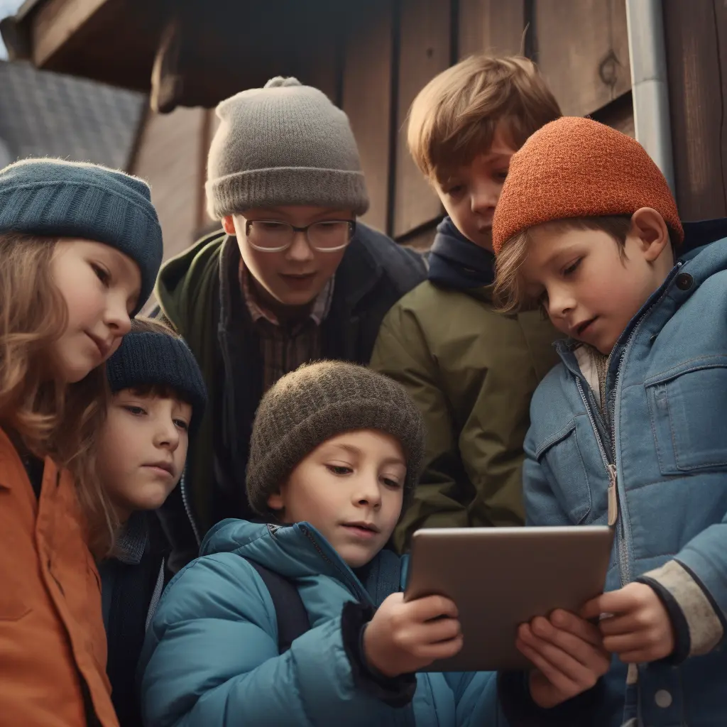 Das Bild zeigt eine Gruppe von sechs Kindern, die gemeinsam auf ein Tablet schauen. Sie tragen warme Winterkleidung, darunter Mützen und Jacken, was darauf hindeutet, dass es draußen kalt ist. Die Kinder wirken aufmerksam und fokussiert, was darauf schließen lässt, dass sie entweder ein Rätsel lösen oder etwas Interessantes auf dem Tablet betrachten. Die Szene gibt einen Eindruck von Teamarbeit und gemeinschaftlicher Interaktion.