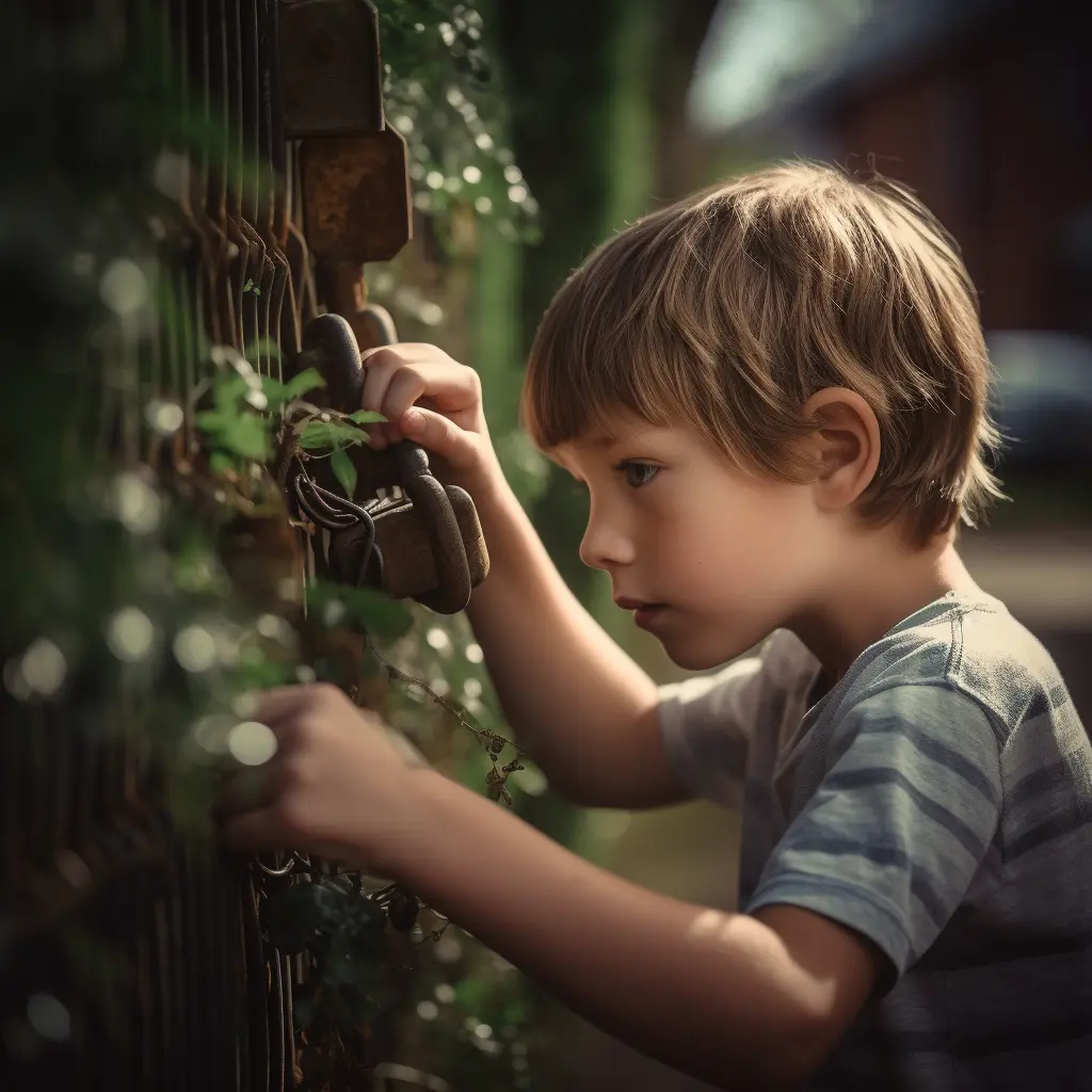 Auf dem Bild ist ein Kind zu sehen, das sich auf ein Schloss konzentriert, der an einem Zaunstück befestigt ist. Das Kind versucht, das Schloss zu öffnen oder zu manipulieren. Die Umgebung ist im Freien in einem Garten. Das Licht, das durch das Laub scheint, erzeugt eine warme und ruhige Atmosphäre. Das Kind zeigt ein hohes Maß an Konzentration und Neugier, was typisch für Aktivitäten in einem Escape-Garden ist, wo Rätsel und Herausforderungen gelöst werden müssen.
