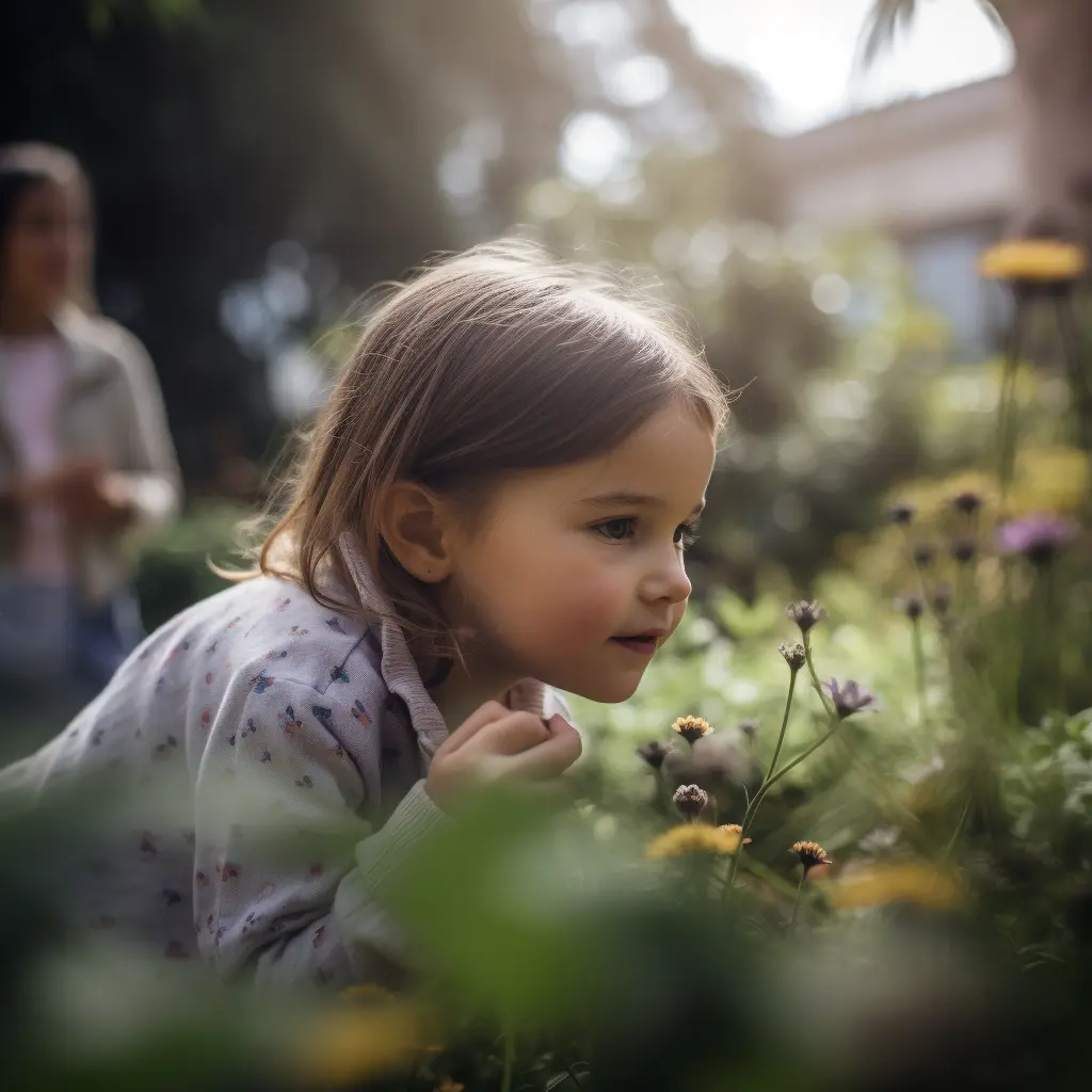 Das Bild zeigt ein junges Mädchen, das sich in einem Garten voller Blumen zu befinden scheint. Sie schaut aufmerksam und interessiert auf die Pflanzen vor ihr und sucht darin eine Lösung für eine Rätsel. Das Licht, das durch die Bäume fällt, verleiht der Szene eine warme und einladende Atmosphäre. Im Hintergrund ist eine weitere Person zu erkennen, die Teil der Szene sein könnte. Es ist ein Bild, das die Beobachtungsgabe beim Lösen von Rätseln verdeutlicht.